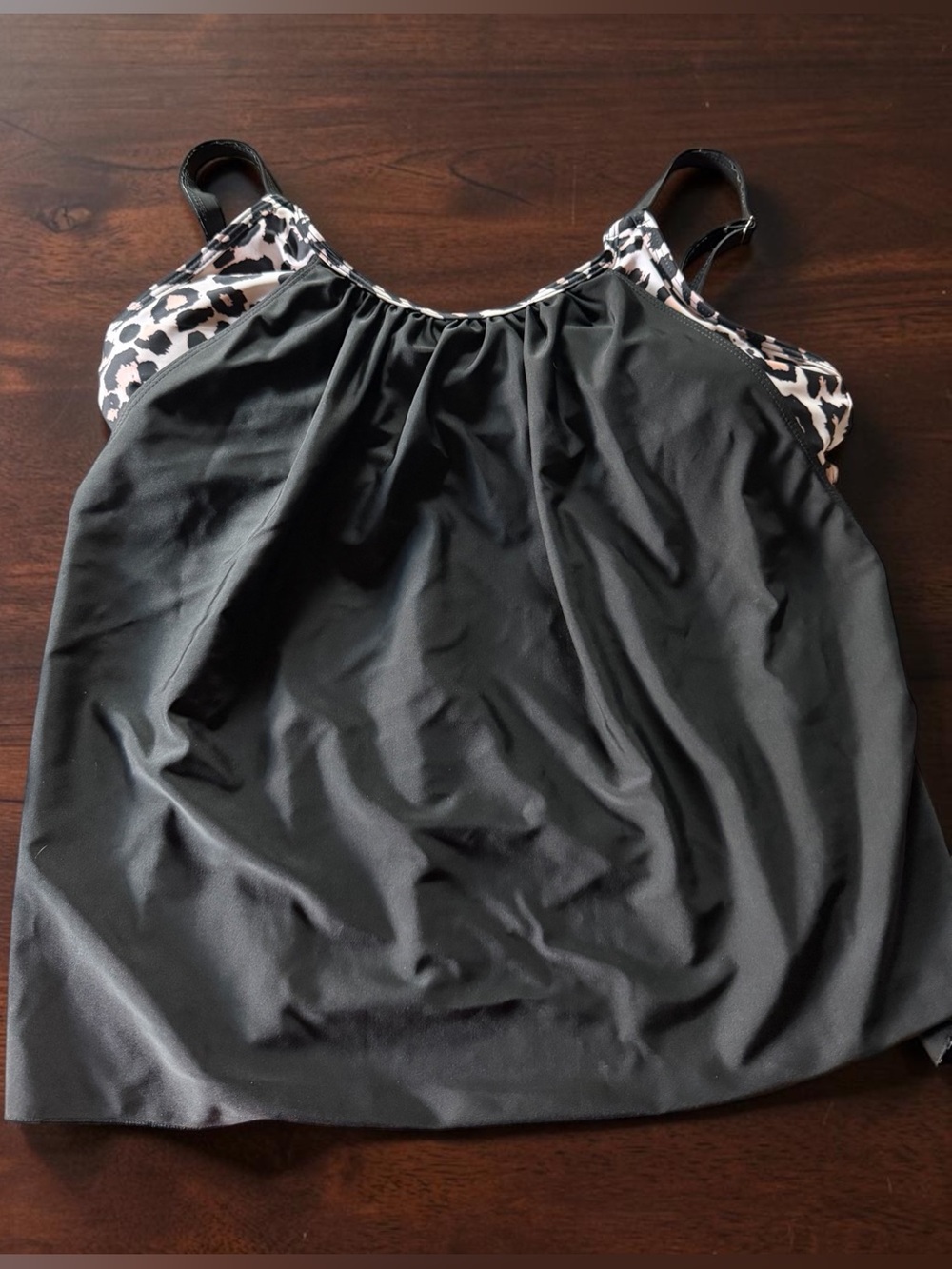 Women's Black Tank One-Piece Swimsuit with Leopard Trim